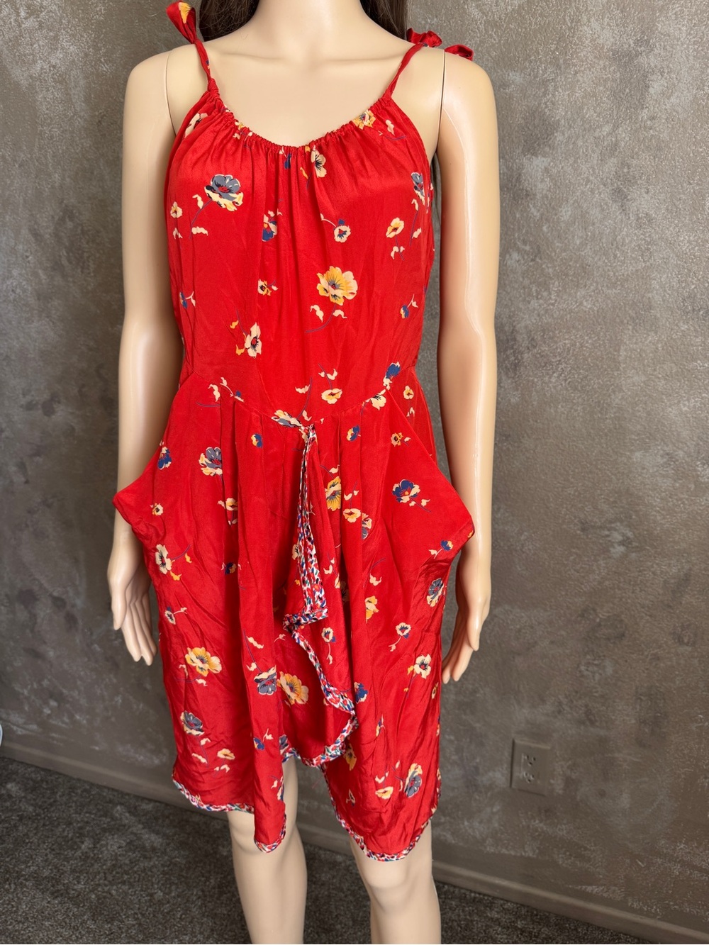 ANTHROPOLOGIE 100% Silk Red Floral Print Dress Tie Straps REBECCA TAYLOR Sz 4